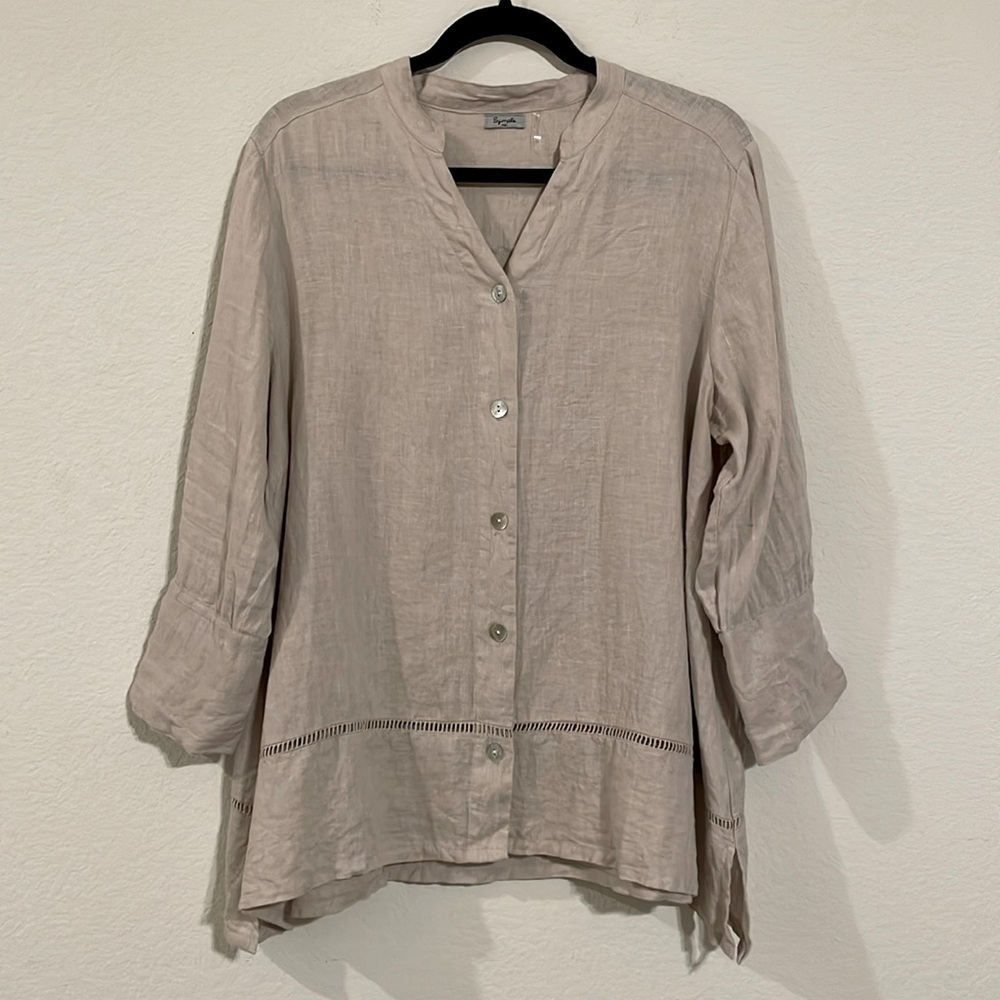 Symple Women's Button Front Shirt Medium Tan 100% Linen Lagenlook Oversized Lace